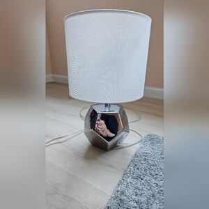 Geometric Chrome Table Lamp with White Drum Shade